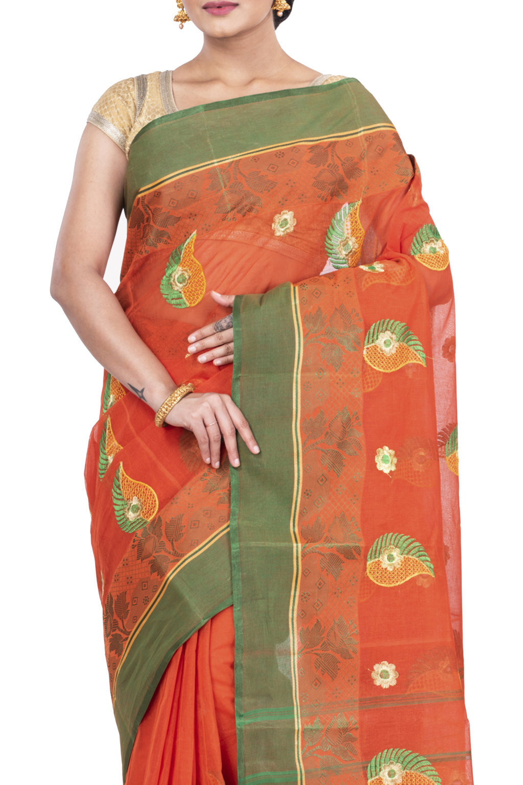 Orange Pure Cotton Shanko_Embro Tant Embroidery (664)